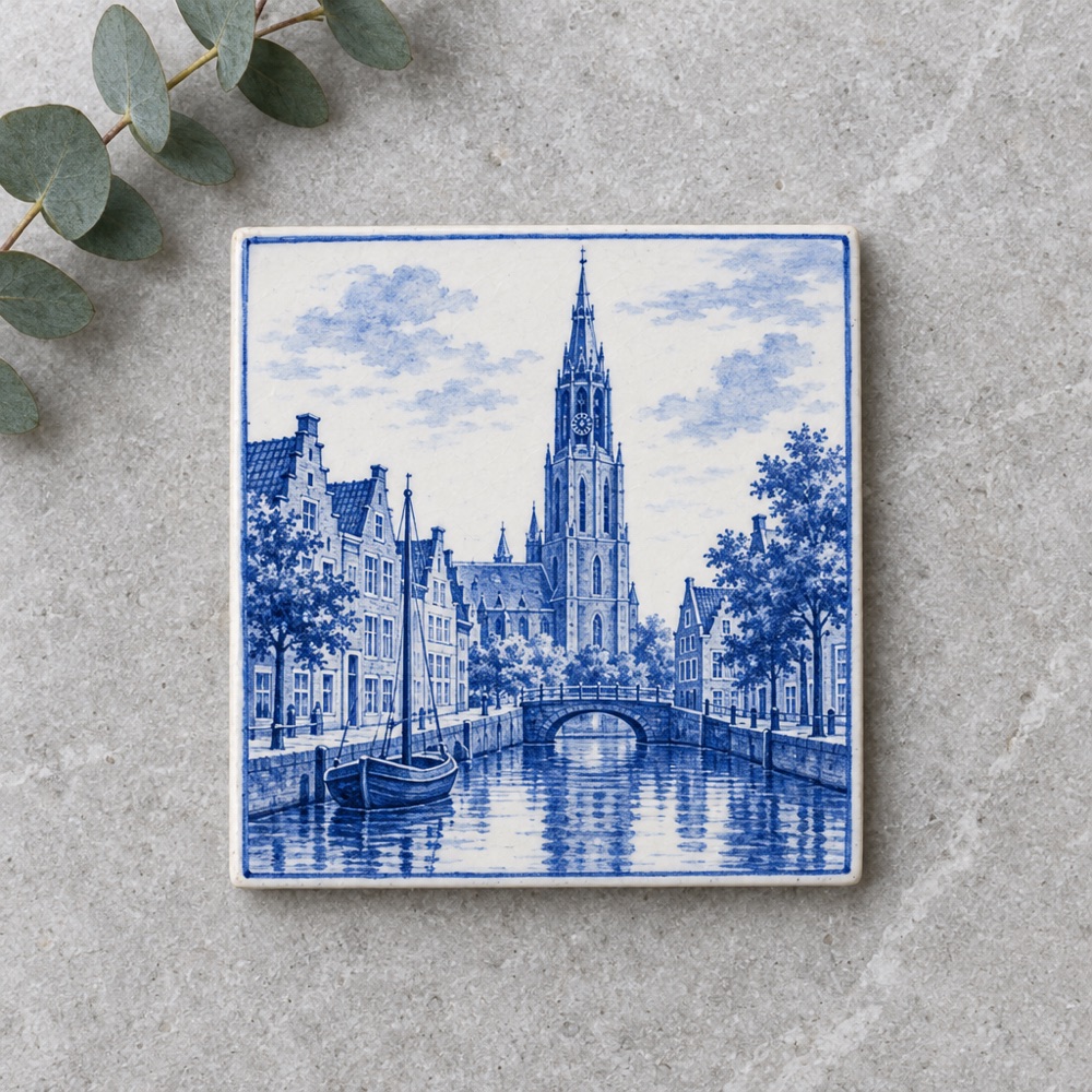 Delfts blauwe tegel met de skyline van Delft